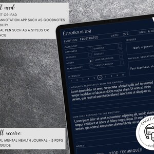 May include: A digital journal template for tracking emotions. The template is on a dark blue background with white text. The journal includes sections for the date, time, emotion, category, trigger, physical sensations, intensity, and thoughts associated with the emotion. The journal also includes a section for how the user responded to the emotion and a section for notes. The journal is designed to be used with a tablet and a digital pen.