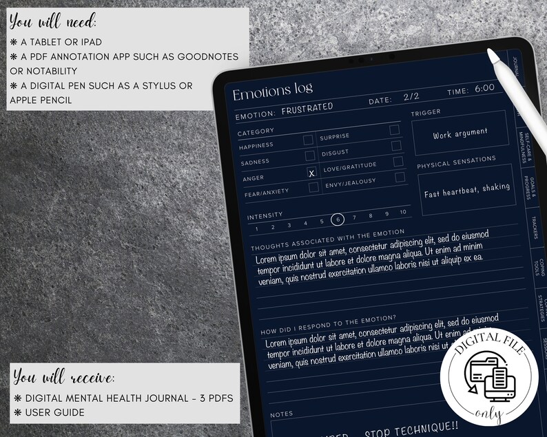 May include: A digital journal template for tracking emotions. The template is on a dark blue background with white text. The journal includes sections for the date, time, emotion, category, trigger, physical sensations, intensity, and thoughts associated with the emotion. The journal also includes a section for how the user responded to the emotion and a section for notes. The journal is designed to be used with a tablet and a digital pen.