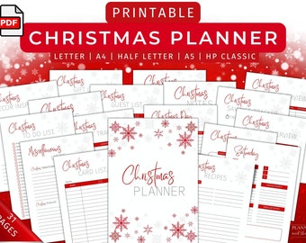 May include: Printable Christmas planner with 31 pages, featuring a white background with red snowflakes and the text "Christmas Planner". The planner includes pages for gift lists, to-do lists, decor inspiration, recipes, and more.