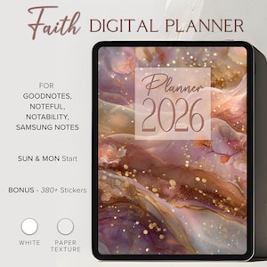 May include: A digital planner displayed on a tablet, featuring a watercolor design in shades of pink, gold, and purple. The planner is labeled "Planner 2026" and includes the text "Faith Digital Planner." Additional text indicates compatibility with Goodnotes, Noteful, Notability, and Samsung Notes.
