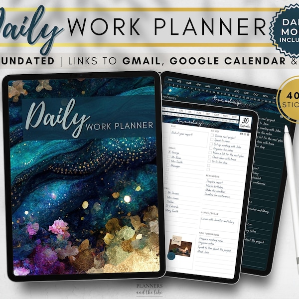 Digital Daily Work Planner for Goodnotes, Samsung notes etc with Google Calendar, Gmail, and ChatGPT Integration. Light and dark modes