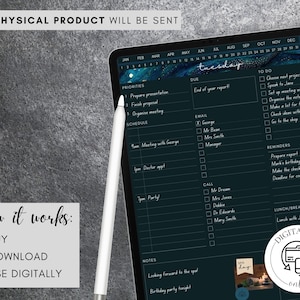 May include: A digital planner displayed on a tablet, featuring a dark teal background with a watercolor design. The screen shows a daily schedule, to-do lists, and notes. A white stylus rests on the screen. Text on the screen includes "Tuesday" and "September 30".
