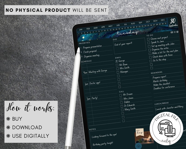 May include: A digital planner displayed on a tablet, featuring a dark teal background with a watercolor design. The screen shows a daily schedule, to-do lists, and notes. A white stylus rests on the screen. Text on the screen includes "Tuesday" and "September 30".