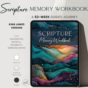 Può includere: Un quaderno digitale di memoria delle Scritture visualizzato su un tablet. La copertina presenta arte astratta nelle tonalità del blu, del verde acqua e dell'oro. Il testo include "Scripture Memory Workbook" e "A 52-Week Guided Journey". Il quaderno è per GoodNotes, Noteful, Notability e Samsung Notes.