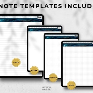 May include: Four digital note templates are displayed, each on a black tablet. The templates include lined, blank, dotted, and grid styles. The top of each tablet features a dark blue and teal design. The text "4 NOTE TEMPLATES INCLUDED" is at the top.