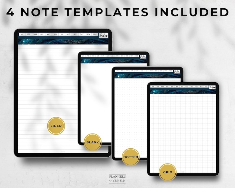 May include: Four digital note templates are displayed, each on a black tablet. The templates include lined, blank, dotted, and grid styles. The top of each tablet features a dark blue and teal design. The text "4 NOTE TEMPLATES INCLUDED" is at the top.