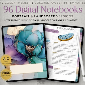 Op de afbeelding: Twee digitale notebooks weergegeven op tablets. Eén heeft een turquoise en paars bloemenontwerp, de andere toont een biologieles over mitochondria. Tekst bevat "96 digitale notebooks" en "Portret- en landschapsversies."