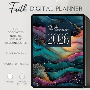 Könnte beinhalten: Ein digitaler Planer auf einem Tablet mit einem abstrakten Design in Türkis, Lila und Gold. Auf dem Cover steht "Planner 2026". Weitere Texte sind "Faith Digital Planner" und Informationen zur Kompatibilität mit Goodnotes, Noteful, Notability und Samsung Notes.