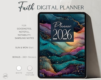 May include: A digital planner displayed on a tablet. The planner cover features an abstract design with teal, purple, and gold tones. Text on the cover reads "Planner 2026." Additional text includes "Faith Digital Planner," and details about compatibility with Goodnotes, Noteful, Notability, and Samsung Notes.