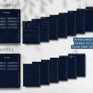 May include: A digital planner with a dark blue background and white text. The planner includes pages for journaling, notes, and blank pages for creating custom templates. The text "JOURNAL" and "NOTES" is displayed on the top of the planner pages.