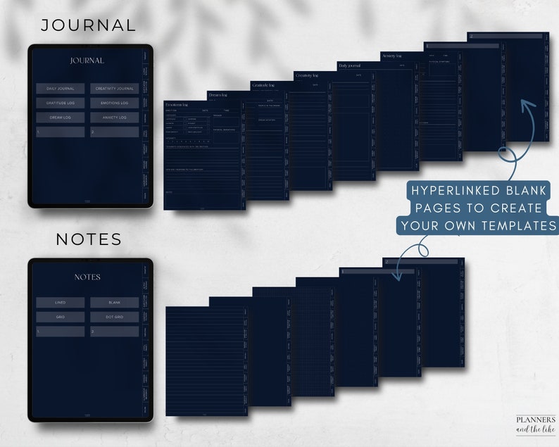 May include: A digital planner with a dark blue background and white text. The planner includes pages for journaling, notes, and blank pages for creating custom templates. The text "JOURNAL" and "NOTES" is displayed on the top of the planner pages.