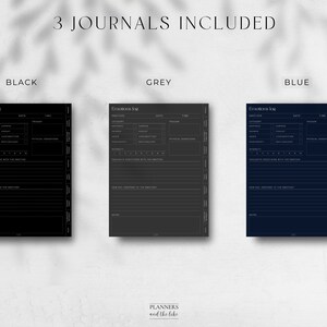 May include: Three printable journal pages in black, gray, and blue with the title "Emotions Log" and sections for date, time, trigger, emotion, thoughts associated with the emotion, how did you respond to the emotion, and notes.