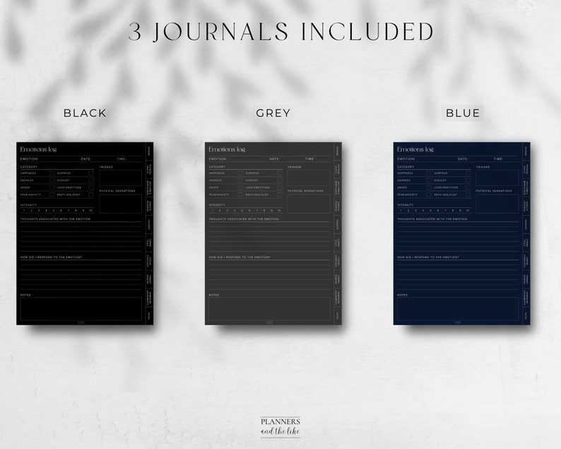 May include: Three printable journal pages in black, gray, and blue with the title "Emotions Log" and sections for date, time, trigger, emotion, thoughts associated with the emotion, how did you respond to the emotion, and notes.