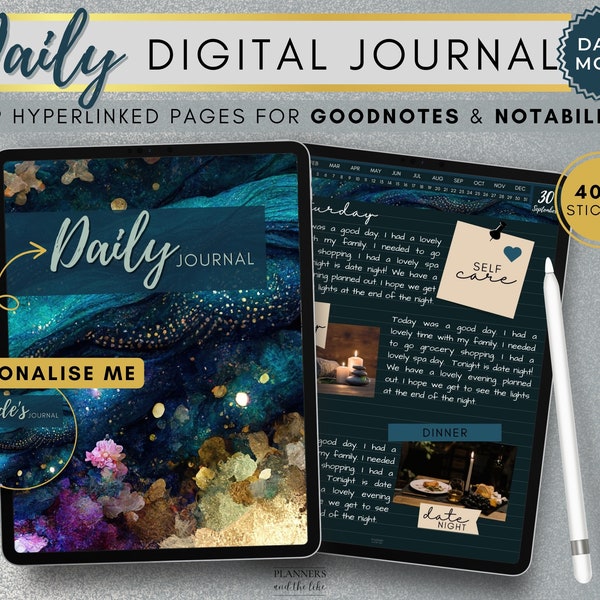 Personalised Digital Daily Journal Dark Mode for Goodnotes, Samsung notes etc, Daily Digital Planners, free digital stickers