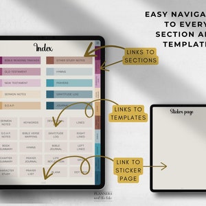 May include: Digital planner interface displayed on two tablets. The main tablet shows an index with sections like "Bible Reading Tracker" and "Gratitude Log." The second tablet displays a "Sticker page." Text highlights easy navigation to sections and templates.