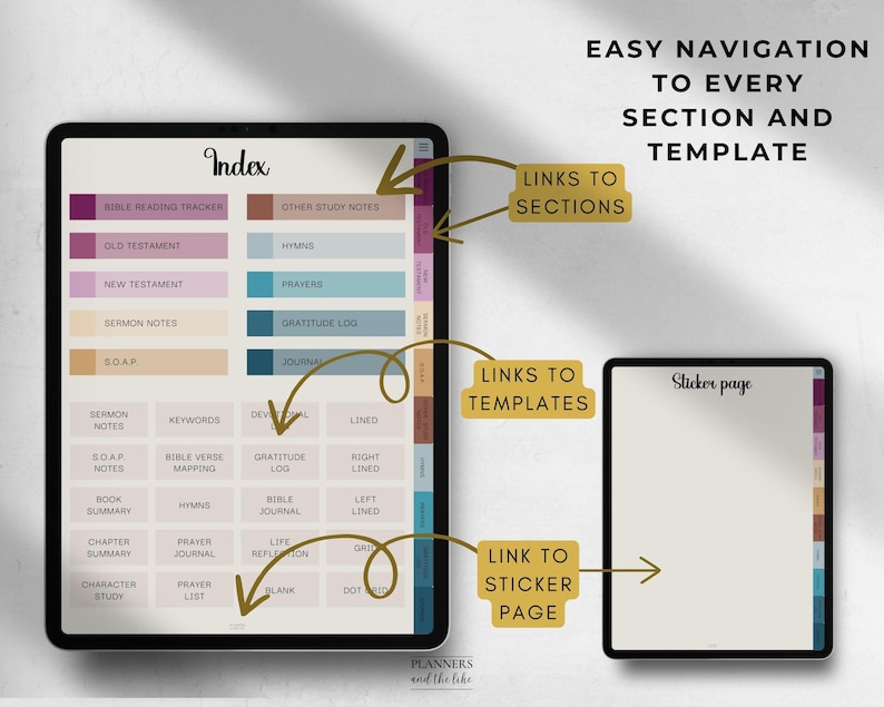 May include: Digital planner interface displayed on two tablets. The main tablet shows an index with sections like "Bible Reading Tracker" and "Gratitude Log." The second tablet displays a "Sticker page." Text highlights easy navigation to sections and templates.