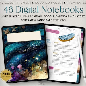 May include: A digital notebook with a blue and gold abstract design. The notebook is open to a page with a diagram of a mitochondria, labeled "Cellular Energy" and "Mitochondria". The notebook is part of a set of 48 digital notebooks, with 12 color themes, 6 colored pages, and 54 templates. The notebooks are hyperlinked and include links to Gmail, Google Calendar, and ChatGPT. The notebooks are available in portrait and landscape versions.