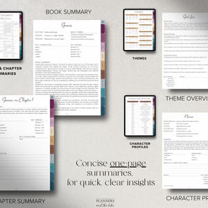 May include: A collection of digital planner pages with summaries, including book and chapter summaries, themes, and character profiles. The pages have a clean, minimalist design with text and color-coded tabs. The text "Concise one-page summaries. for quick, clear insights" is visible.