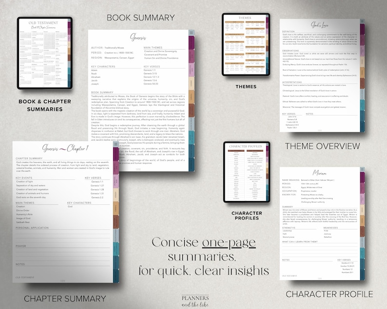 May include: A collection of digital planner pages with summaries, including book and chapter summaries, themes, and character profiles. The pages have a clean, minimalist design with text and color-coded tabs. The text "Concise one-page summaries. for quick, clear insights" is visible.