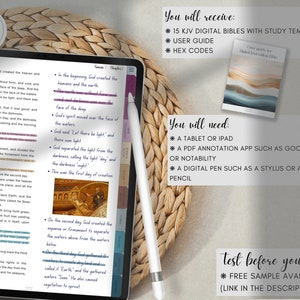 K&ouml;nnte beinhalten: Ein digitales Tablet zeigt das erste Kapitel des Buches Genesis aus der King-James-Version der Bibel. Das Tablet liegt auf einer geflochtenen Weidefl&auml;che. Der Text auf dem Bildschirm ist mit bunten Haftnotizen hervorgehoben. Das Bild zeigt auch einen digitalen Stift und einen Text&uuml;berlagerung, der "Sie erhalten: 15 KJV Digitalbibeln mit Studienvorlagen, Benutzerhandbuch, Hex-Codes" lautet.