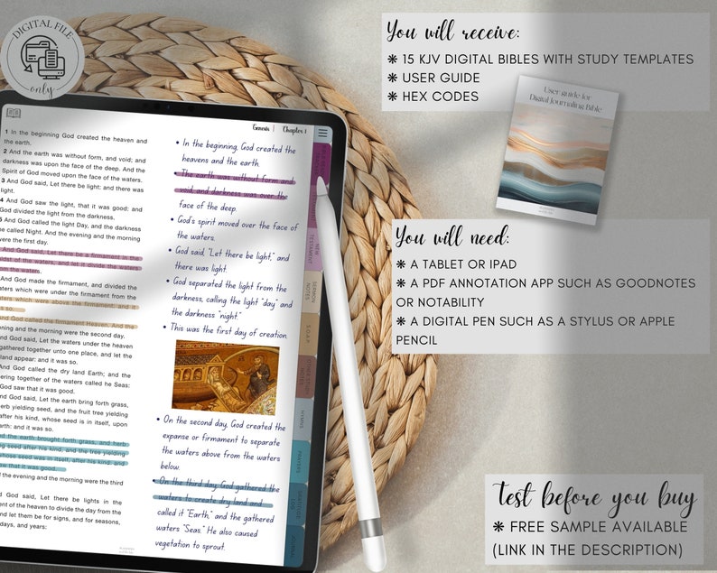K&ouml;nnte beinhalten: Ein digitales Tablet zeigt das erste Kapitel des Buches Genesis aus der King-James-Version der Bibel. Das Tablet liegt auf einer geflochtenen Weidefl&auml;che. Der Text auf dem Bildschirm ist mit bunten Haftnotizen hervorgehoben. Das Bild zeigt auch einen digitalen Stift und einen Text&uuml;berlagerung, der "Sie erhalten: 15 KJV Digitalbibeln mit Studienvorlagen, Benutzerhandbuch, Hex-Codes" lautet.