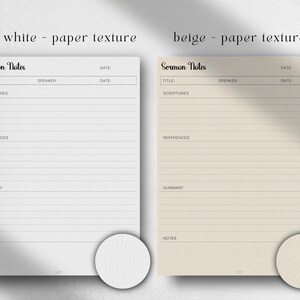 May include: Two printable sermon note templates, one with an off-white paper texture and one with a beige paper texture. Both templates have the title "Sermon Notes" and include sections for the date, title, speaker, scriptures, references, summary, and notes.