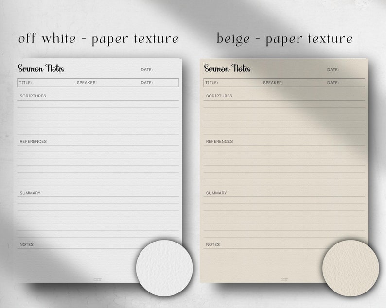 May include: Two printable sermon note templates, one with an off-white paper texture and one with a beige paper texture. Both templates have the title "Sermon Notes" and include sections for the date, title, speaker, scriptures, references, summary, and notes.