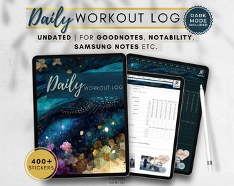 May include: A digital planner with a dark blue and gold abstract design. The planner is titled "Daily Workout Log" and includes 400+ stickers. The planner is compatible with Goodnotes, Notability, and Samsung Notes.