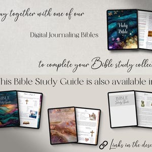 May include: Digital Bible study guides displayed on tablets. The guides feature colorful covers with the words "Holy Bible" and "Bible Study Guide." The image includes text that reads "Buy together with one of our Digital Journaling Bibles to complete your Bible study collection."