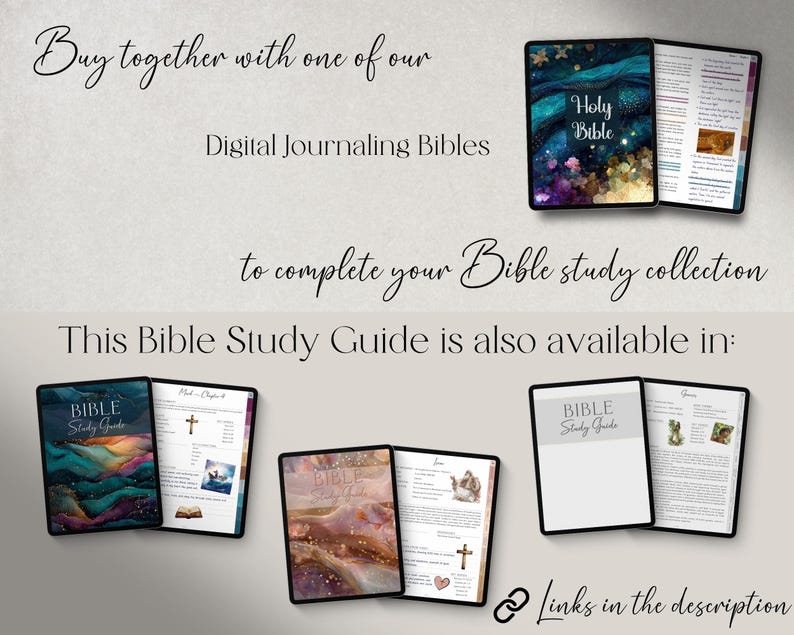 May include: Digital Bible study guides displayed on tablets. The guides feature colorful covers with the words "Holy Bible" and "Bible Study Guide." The image includes text that reads "Buy together with one of our Digital Journaling Bibles to complete your Bible study collection."