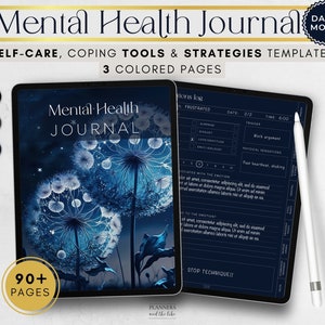 May include: A digital tablet displaying a dark blue background with a dandelion graphic and the text "Mental Health Journal". The tablet is on a white surface with a white stylus next to it. The text "90+ Pages" is in a gold circle on the bottom left corner of the tablet.