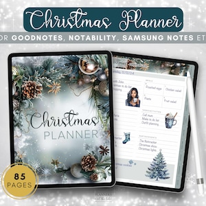 Puede incluir: Un planificador digital para Goodnotes, Notability y Samsung Notes con un tema invernal. La portada presenta una corona de ramas de pino, acebo y adornos sobre un fondo nevado. El texto "Christmas Planner" está escrito en una fuente decorativa. El planificador tiene 85 páginas.