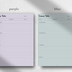May include: Two printable sermon note templates, one in purple and one in blue. Each template has sections for title, scriptures, references, summary, and notes. The text "Sermon Notes" is at the top of each template.