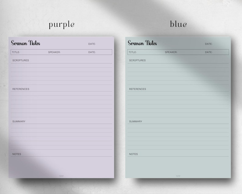 May include: Two printable sermon note templates, one in purple and one in blue. Each template has sections for title, scriptures, references, summary, and notes. The text "Sermon Notes" is at the top of each template.