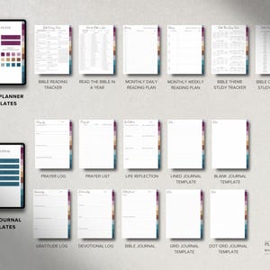 May include: Digital study planner and faith journal templates. The image shows a tablet displaying "Study Plans" and "Faith Journal" templates. Various pages include "Bible Reading Tracker," "Prayer Log," and "Gratitude Log." The color scheme features burgundy, teal, and gold accents.