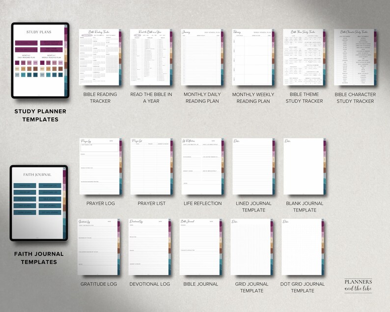 May include: Digital study planner and faith journal templates. The image shows a tablet displaying "Study Plans" and "Faith Journal" templates. Various pages include "Bible Reading Tracker," "Prayer Log," and "Gratitude Log." The color scheme features burgundy, teal, and gold accents.