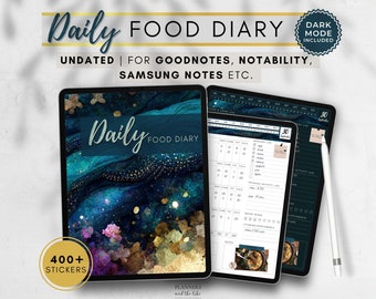 Könnte beinhalten: Digitales Ernährungstagebuch auf einem Tablet, mit einem abstrakten Design in Türkis und Gold. Der Text "Daily Food Diary" wird angezeigt. Enthält über 400 Sticker und ist kompatibel mit GoodNotes, Notability und Samsung Notes. Der Dark Mode ist enthalten.