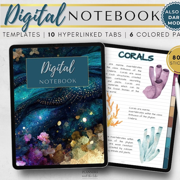 Digital Notebook with 10 tabs hyperlinked, 48 note templates, dark mode, in 6 colored pages.