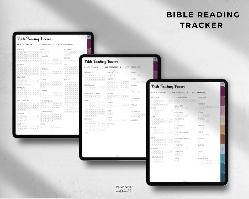 K&ouml;nnte beinhalten: Drei druckbare Bibellesepl&auml;ne mit einem schwarz-wei&szlig;en Design. Die Tracker sind in drei Abschnitte unterteilt: Altes Testament 1, Altes Testament 2 und Neues Testament. Jeder Abschnitt enth&auml;lt eine Liste von B&uuml;chern der Bibel mit einem Raster von Quadraten zum Abhaken der gelesenen Tage.