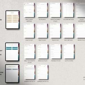 May include: Digital study templates for Bible study, including verses, sermon notes, and various study methods. The templates are displayed on tablets, with options for Bible verse mapping, keywords, and more. The image features a neutral color palette.