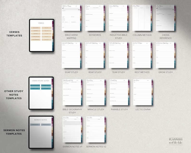 May include: Digital study templates for Bible study, including verses, sermon notes, and various study methods. The templates are displayed on tablets, with options for Bible verse mapping, keywords, and more. The image features a neutral color palette.