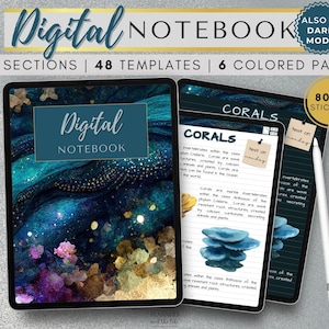 May include: A digital notebook app with a dark blue and teal background with gold glitter. The app has 100 sections, 48 templates, 6 colored pages, and 800+ stickers. The app is open to a page about corals with text and illustrations.