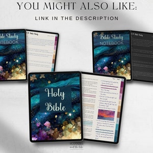 May include: A digital planner with a blue and gold galaxy design. The planner has the text "Holy Bible" and "Bible Study Notebook" on the cover.