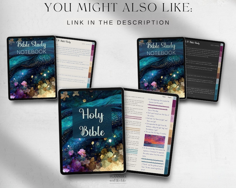 May include: A digital planner with a blue and gold galaxy design. The planner has the text "Holy Bible" and "Bible Study Notebook" on the cover.