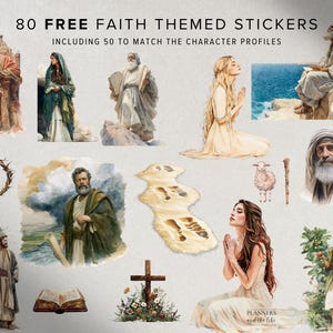 May include: A collection of 80 faith-themed stickers, including 50 character profiles. The stickers feature watercolor illustrations of biblical figures, a crown of thorns, a cross, and other religious symbols. The text "80 FREE FAITH THEMED STICKERS" is at the top.