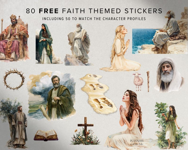 May include: A collection of 80 faith-themed stickers, including 50 character profiles. The stickers feature watercolor illustrations of biblical figures, a crown of thorns, a cross, and other religious symbols. The text "80 FREE FAITH THEMED STICKERS" is at the top.