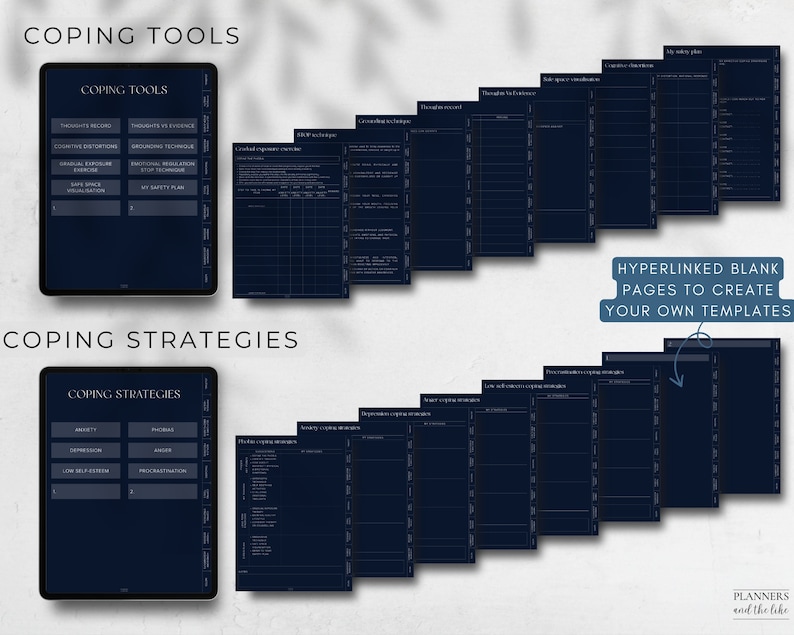 May include: A digital planner with dark blue pages and white text. The planner is divided into two sections: "Coping Tools" and "Coping Strategies". The pages are filled with lists and tables for tracking thoughts, emotions, and coping mechanisms.