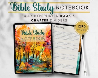 May include: A digital Bible Study Notebook with a colorful autumn forest design. The notebook is fully hyperlinked and includes chapter dividers. The image also shows a page with 1290 pages and a stylus.