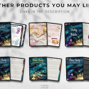 May include: A collection of digital planners and notebooks with a celestial theme. The covers feature a dark blue background with gold glitter, stars, and a watercolor effect. The titles include "Digital Notebook", "Daily Journal", "Holy Bible", and "Bible Study Notebook".