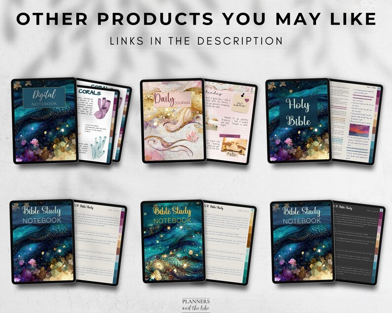 May include: A collection of digital planners and notebooks with a celestial theme. The covers feature a dark blue background with gold glitter, stars, and a watercolor effect. The titles include "Digital Notebook", "Daily Journal", "Holy Bible", and "Bible Study Notebook".